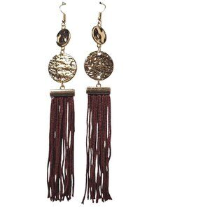 Boho Gold Tone Hammered Discs Red Tasseled Fringe Earrings Costume Jewelry